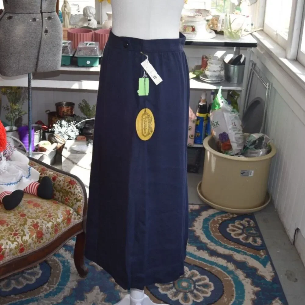Vintage 80s 90s The Villager Navy Viscose Linen Midi Skirt NOS Size 10